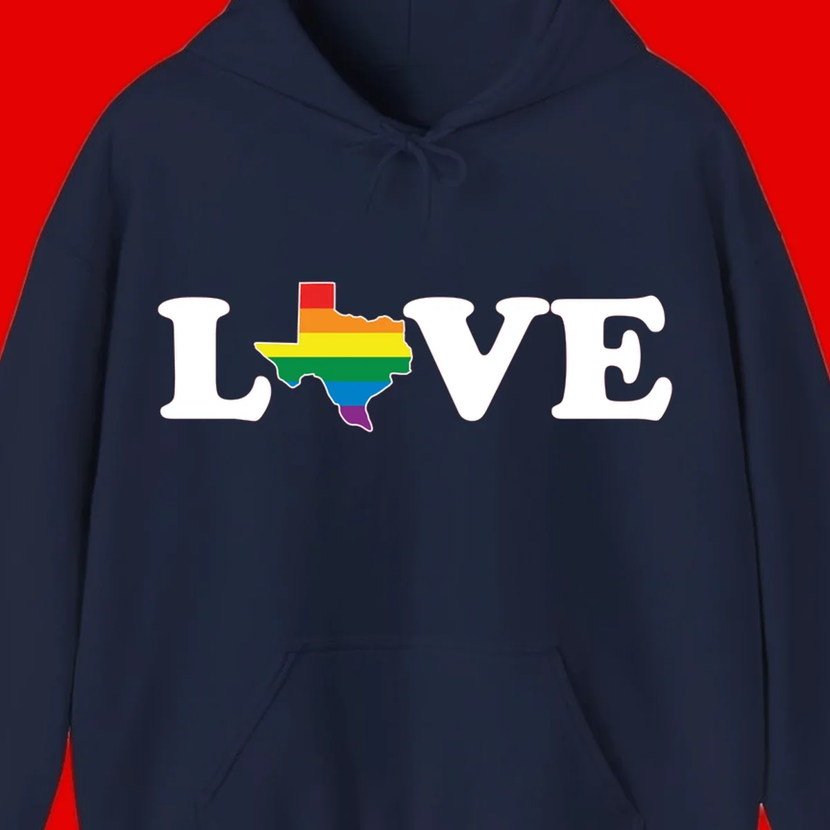 Love Texas Pride design: white LOVE text with Texas state map in rainbow pride colors on gray background