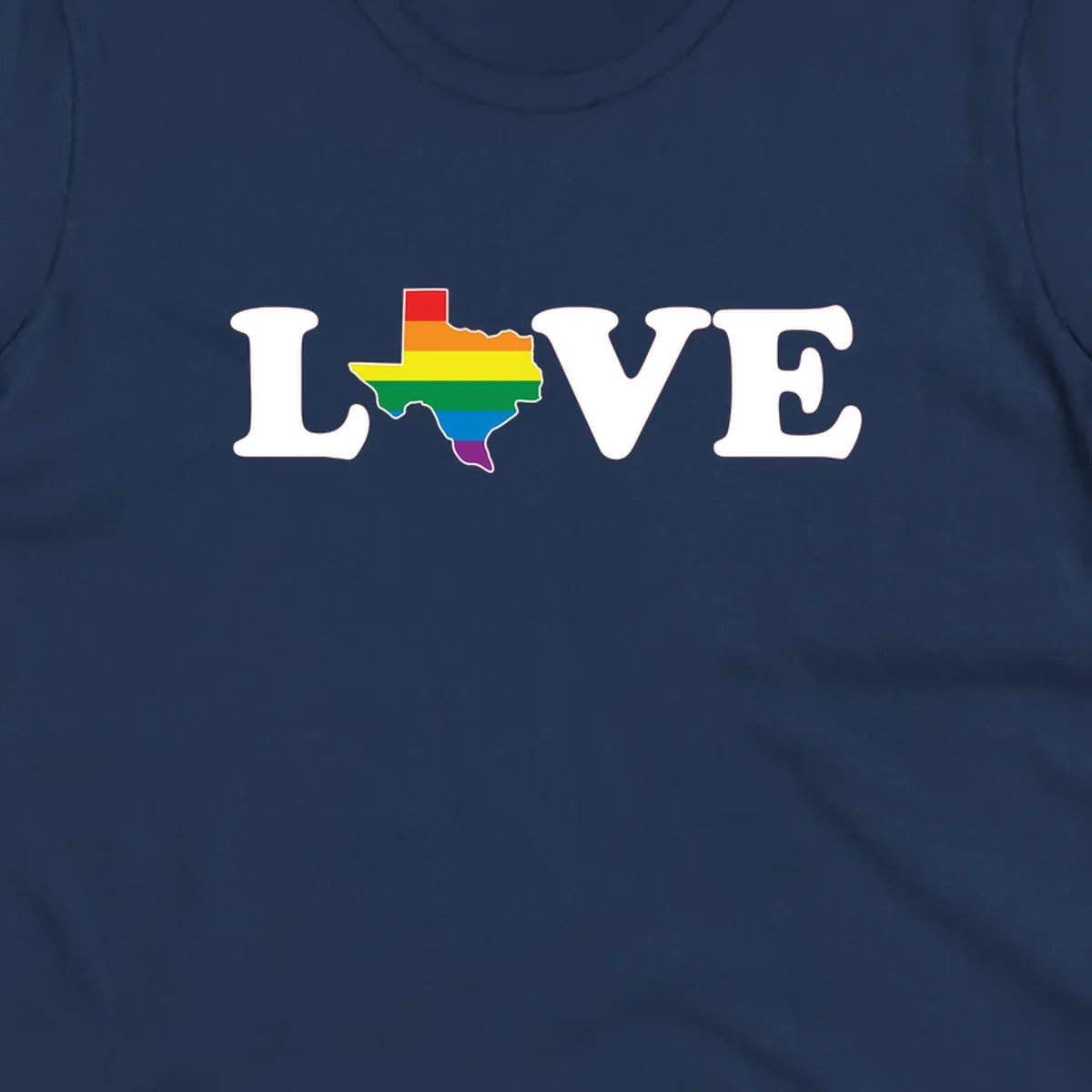 Love Texas Pride design: white LOVE text with Texas state map in rainbow pride colors on gray background