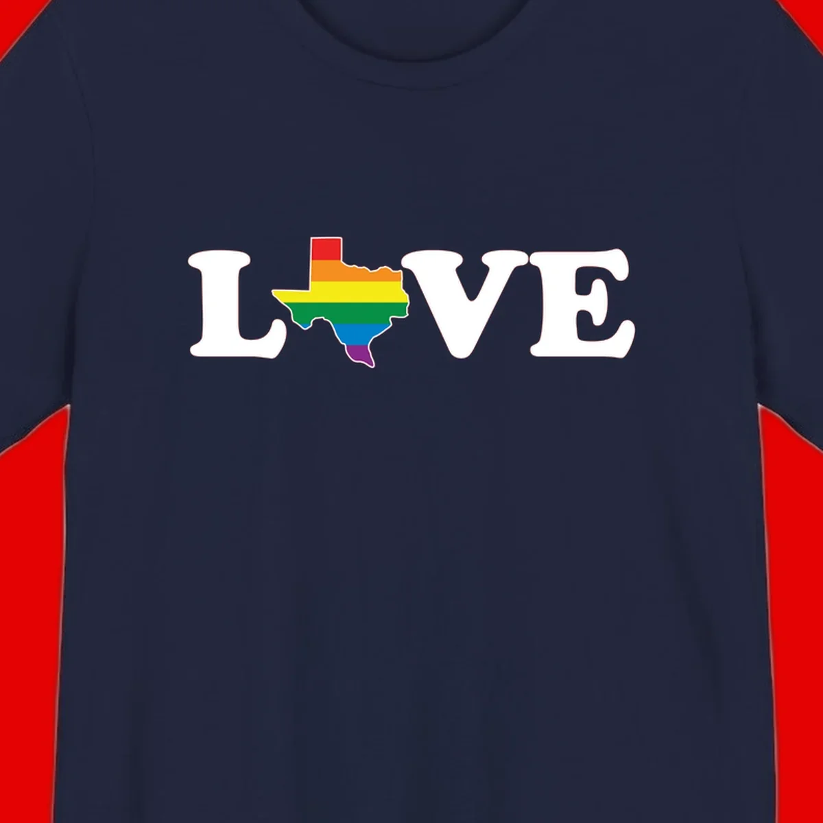 Love Texas Pride design: white LOVE text with Texas state map in rainbow pride colors on gray background