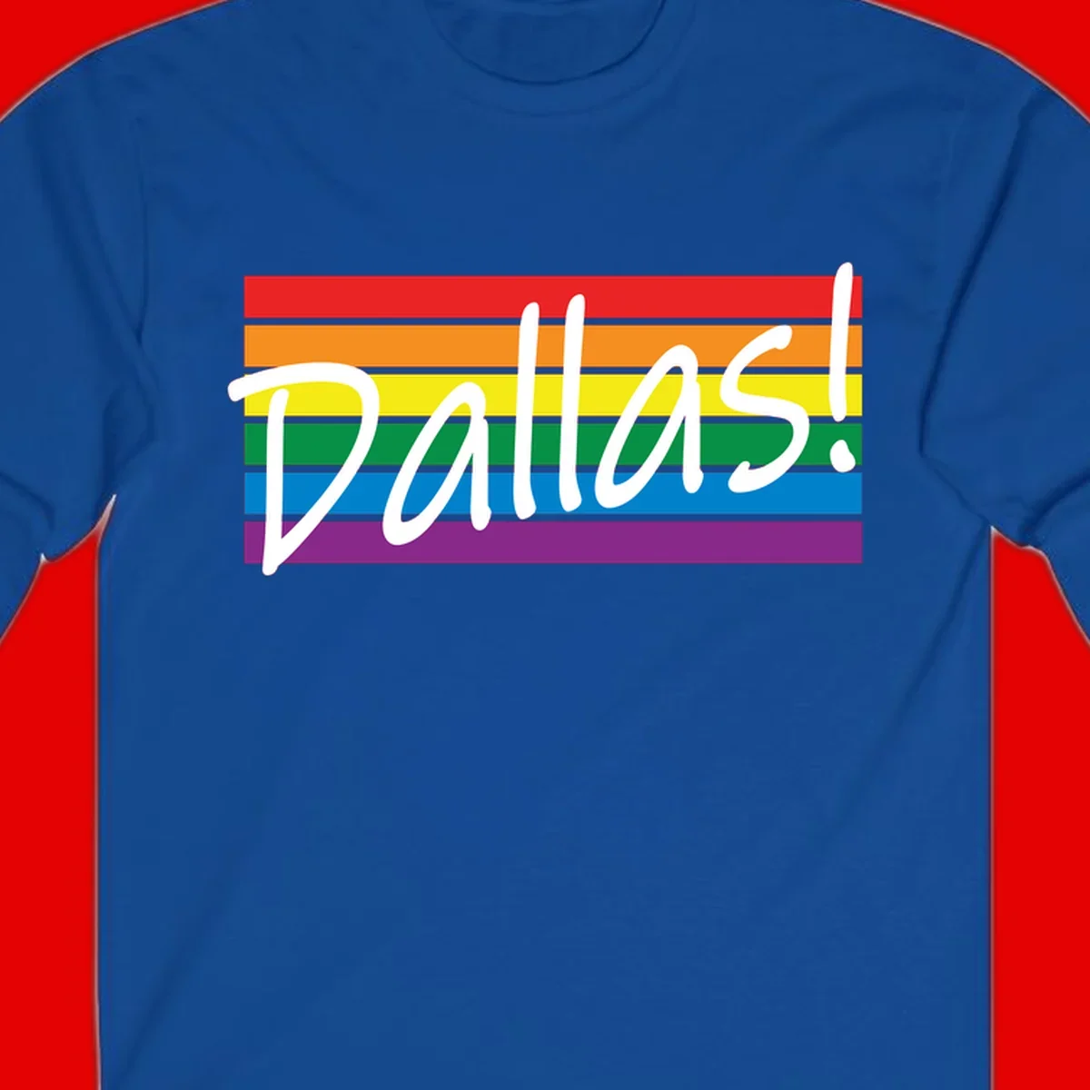 Pallas pride rainbow design with white handwritten text over horizontal stripes in red, orange, yellow, green, blue, and purple