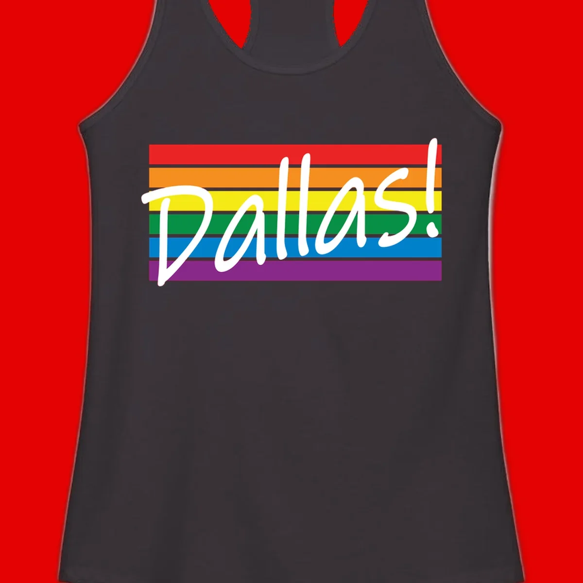 Pallas pride rainbow design with white handwritten text over horizontal stripes in red, orange, yellow, green, blue, and purple