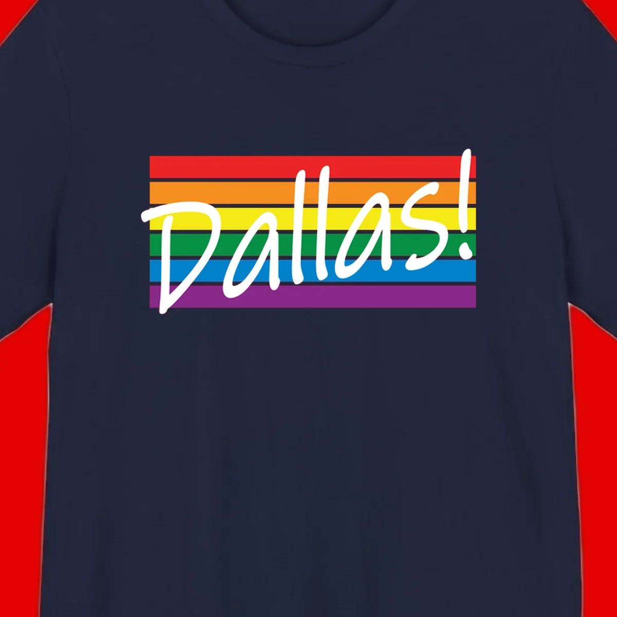 Pallas pride rainbow design with white handwritten text over horizontal stripes in red, orange, yellow, green, blue, and purple