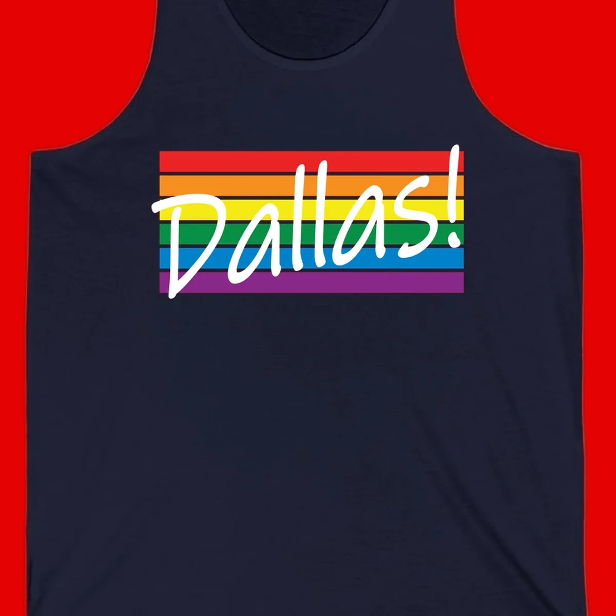 Pallas pride rainbow design with white handwritten text over horizontal stripes in red, orange, yellow, green, blue, and purple