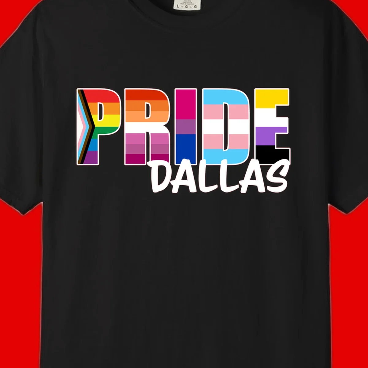 Pride Dallas design with large colorful block letters filled with rainbow and pride flag colors including progress chevron stripes