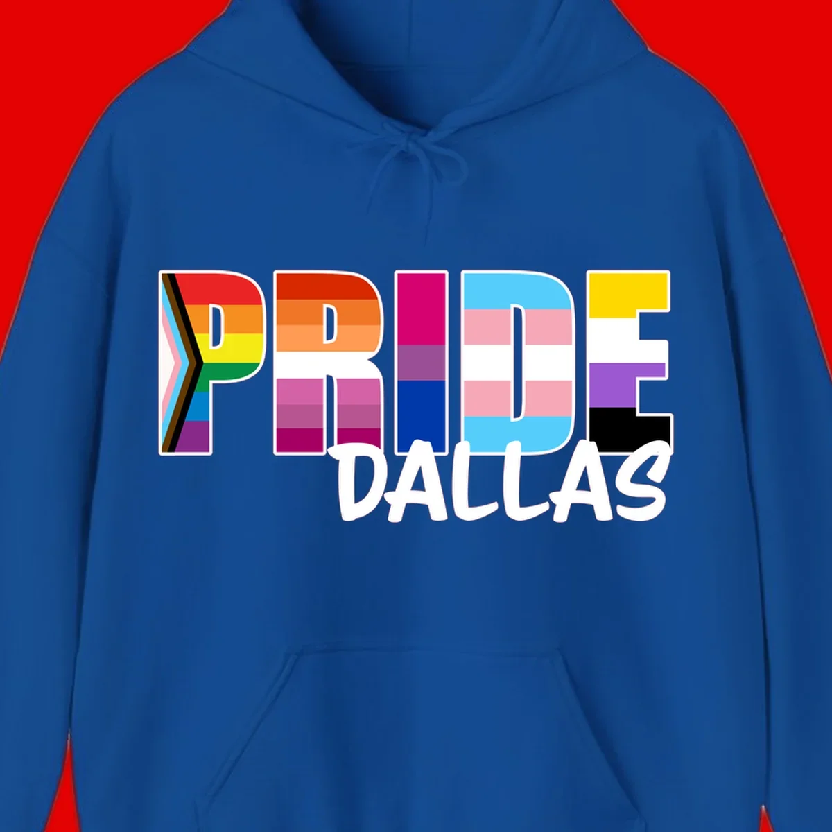 Pride Dallas design with large colorful block letters filled with rainbow and pride flag colors including progress chevron stripes