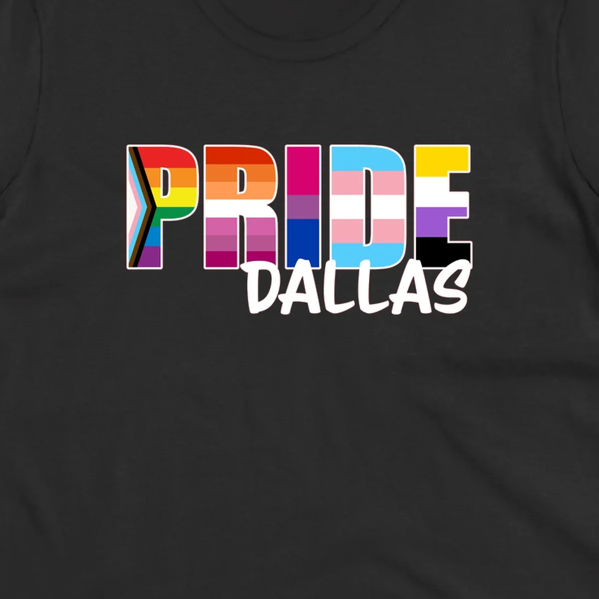 Pride Dallas design with large colorful block letters filled with rainbow and pride flag colors including progress chevron stripes