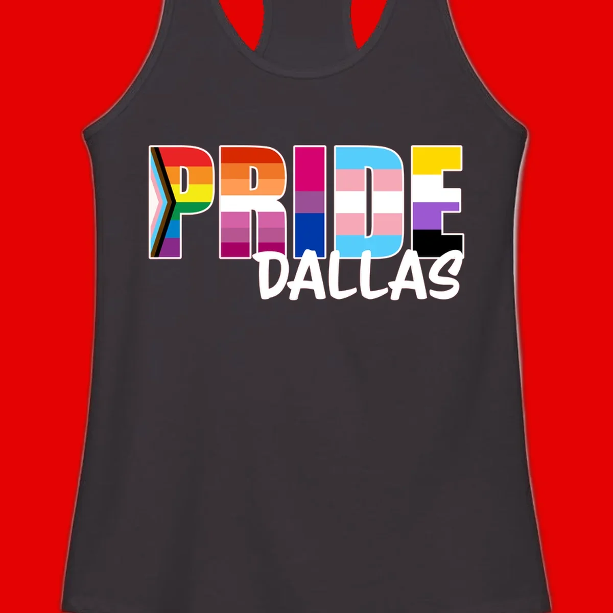 Pride Dallas design with large colorful block letters filled with rainbow and pride flag colors including progress chevron stripes