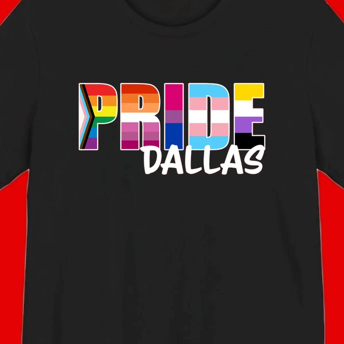 Pride Dallas design with large colorful block letters filled with rainbow and pride flag colors including progress chevron stripes
