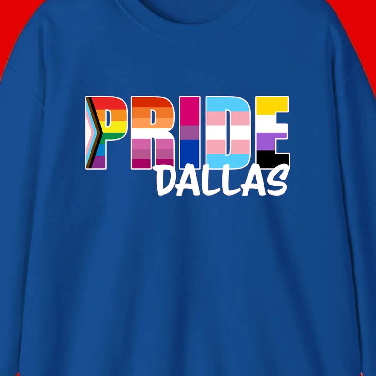 Pride Dallas design with large colorful block letters filled with rainbow and pride flag colors including progress chevron stripes