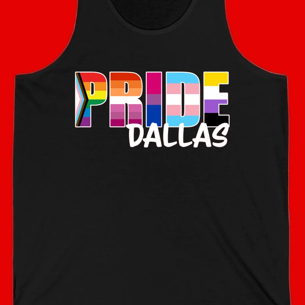 Pride Dallas design with large colorful block letters filled with rainbow and pride flag colors including progress chevron stripes