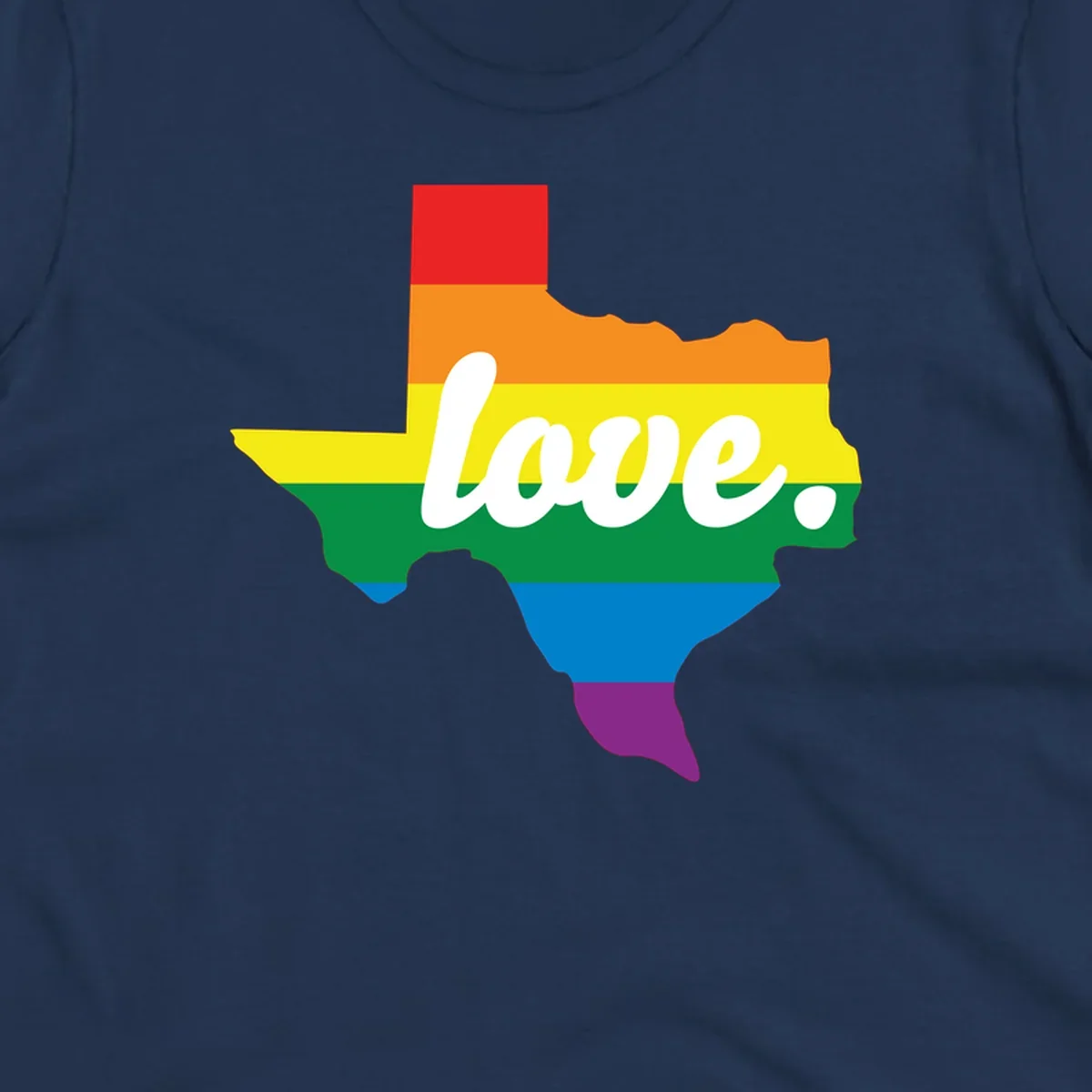 Texas state outline filled with rainbow pride stripes and white script text reading 'love.'