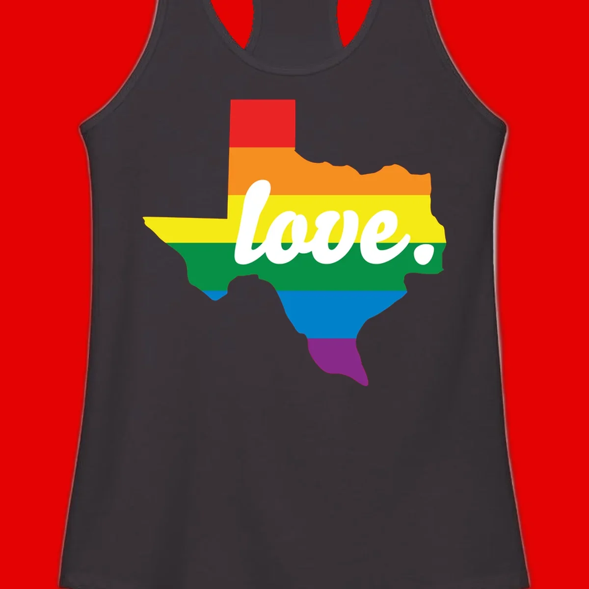 Texas state outline filled with rainbow pride stripes and white script text reading 'love.'