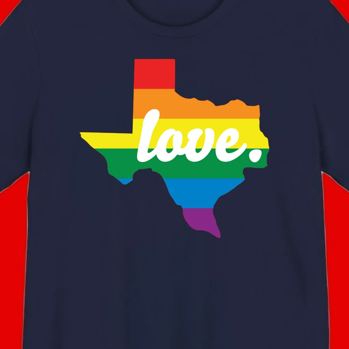 Texas state outline filled with rainbow pride stripes and white script text reading 'love.'