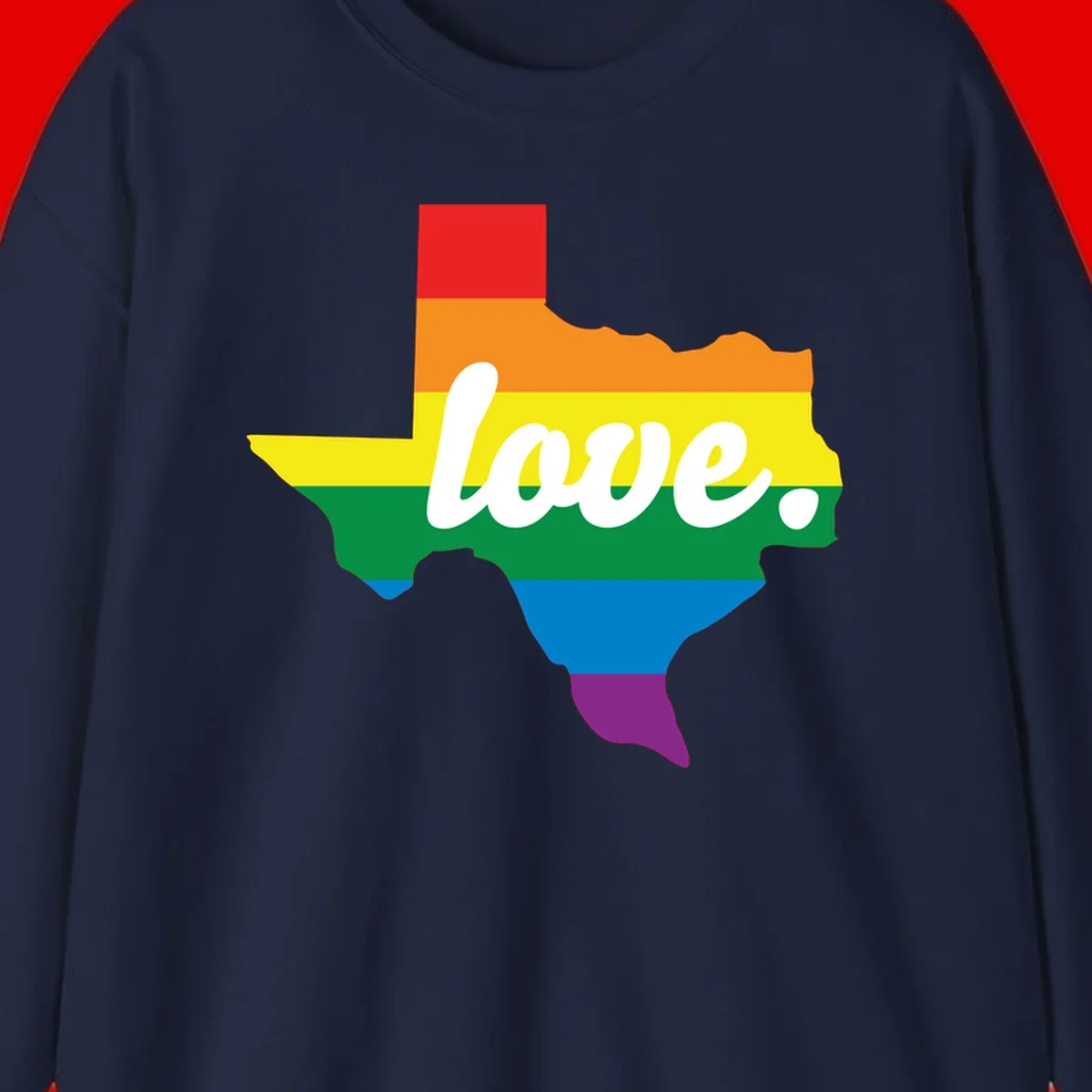 Texas state outline filled with rainbow pride stripes and white script text reading 'love.'