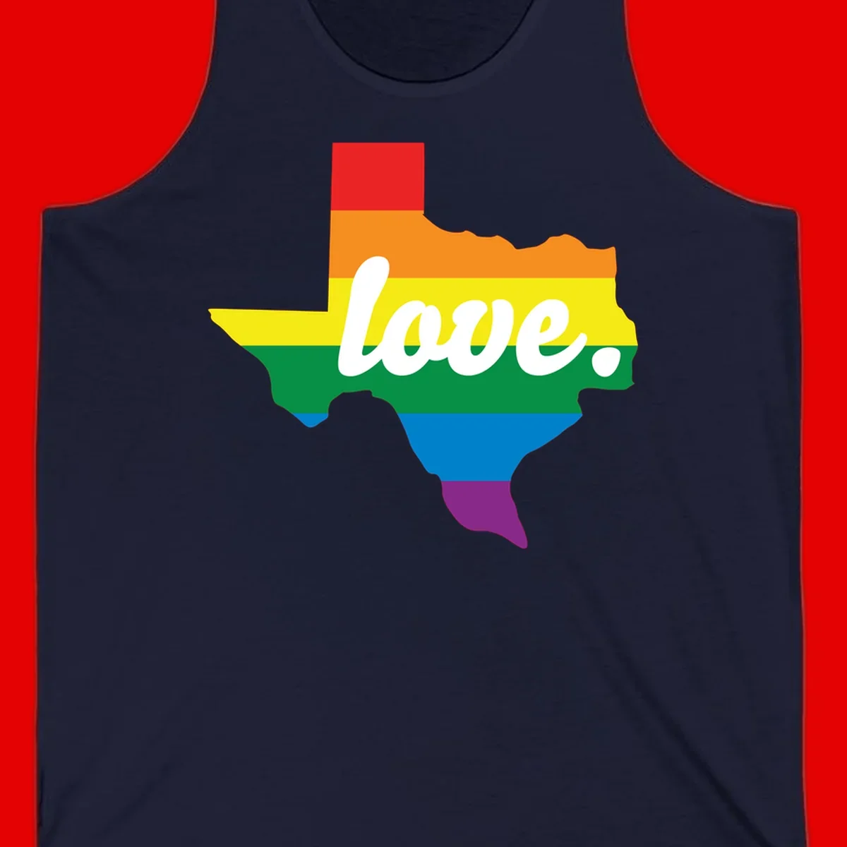 Texas state outline filled with rainbow pride stripes and white script text reading 'love.'