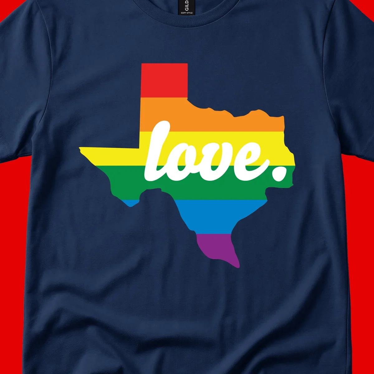 Texas state outline filled with rainbow pride stripes and white script text reading 'love.'