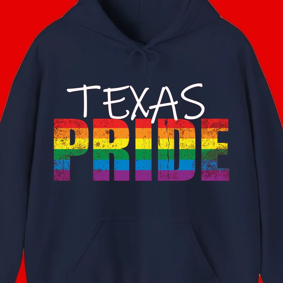 White 'TEXAS PRIDE' text with 'PRIDE' filled in rainbow flag stripes on gray background with distressed texture