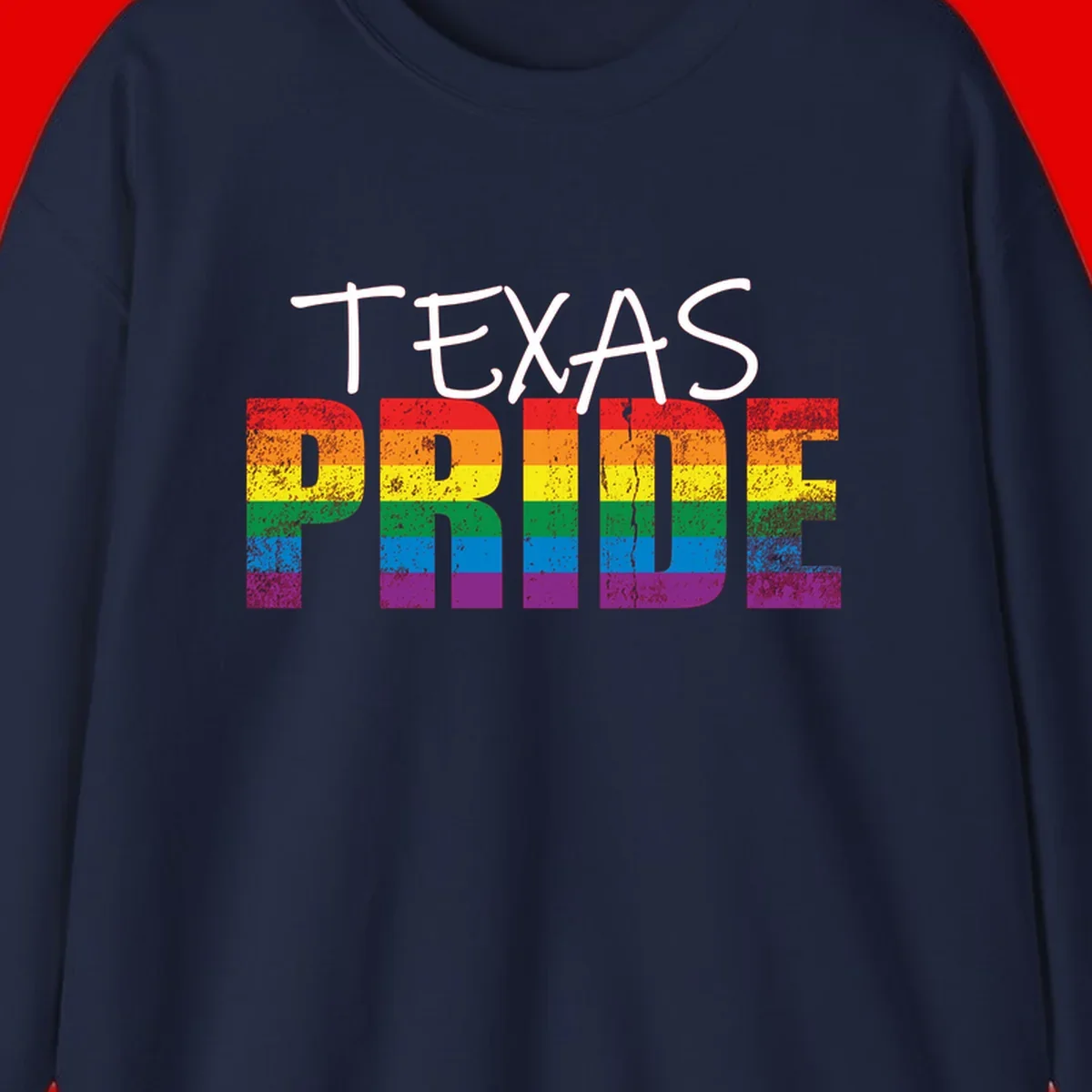 White 'TEXAS PRIDE' text with 'PRIDE' filled in rainbow flag stripes on gray background with distressed texture