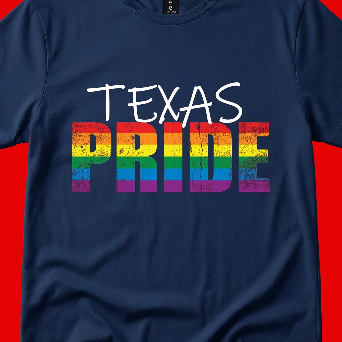 White 'TEXAS PRIDE' text with 'PRIDE' filled in rainbow flag stripes on gray background with distressed texture