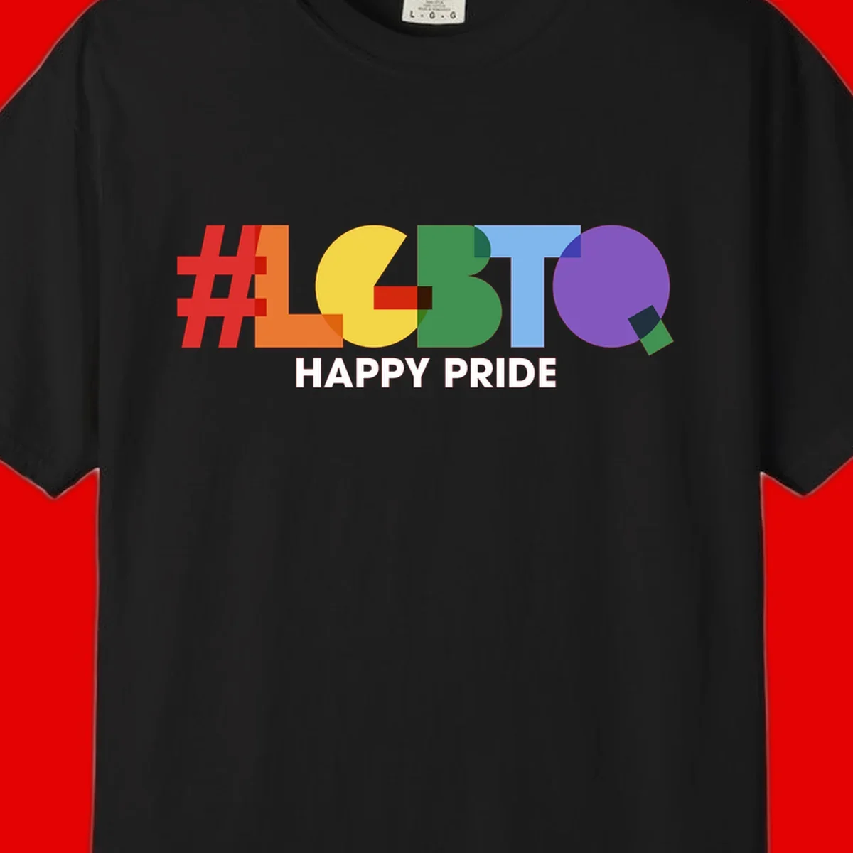 Colorful geometric letters spelling 'Happy Pride' in rainbow colors including red, orange, yellow, green, blue, and purple on gray background