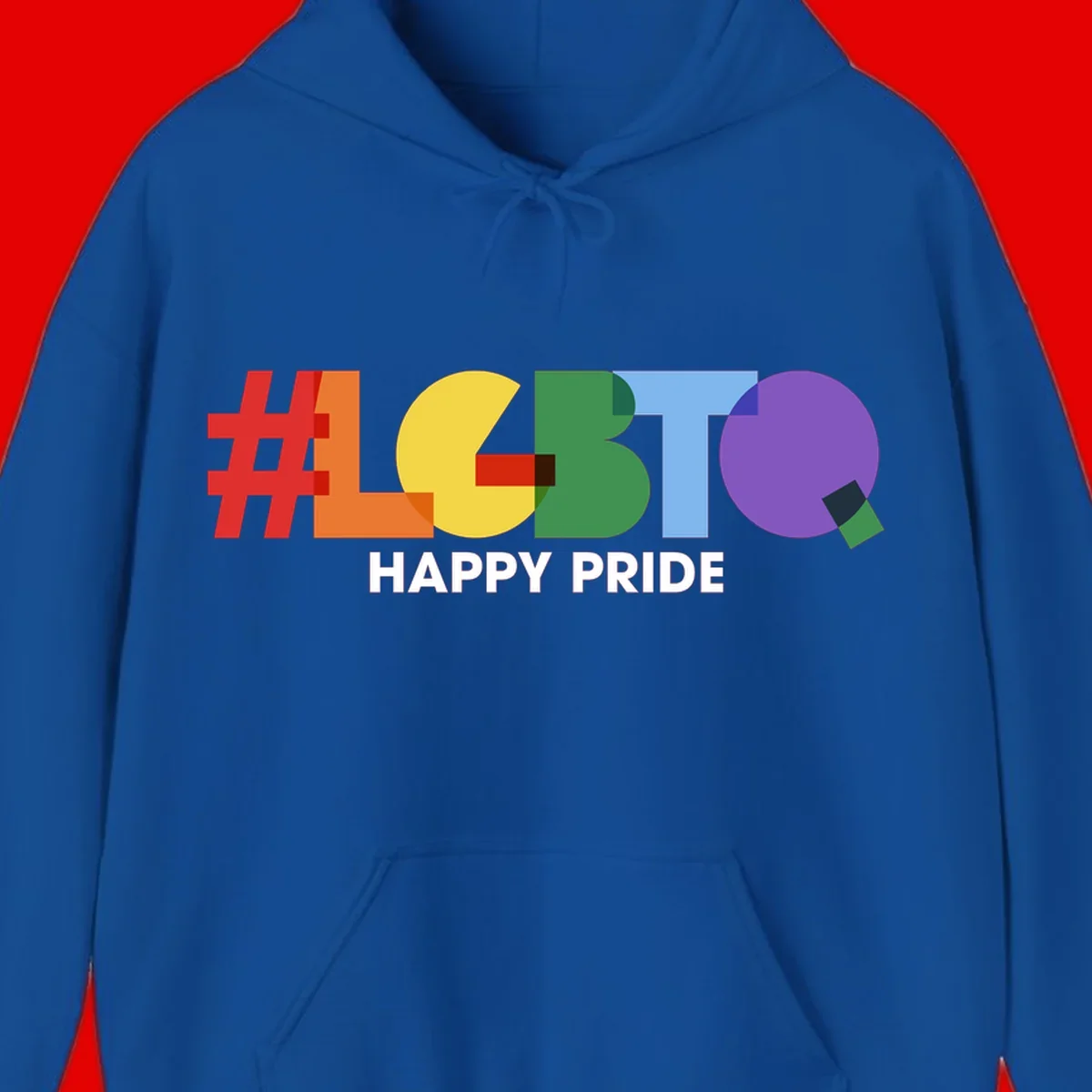 Colorful geometric letters spelling 'Happy Pride' in rainbow colors including red, orange, yellow, green, blue, and purple on gray background