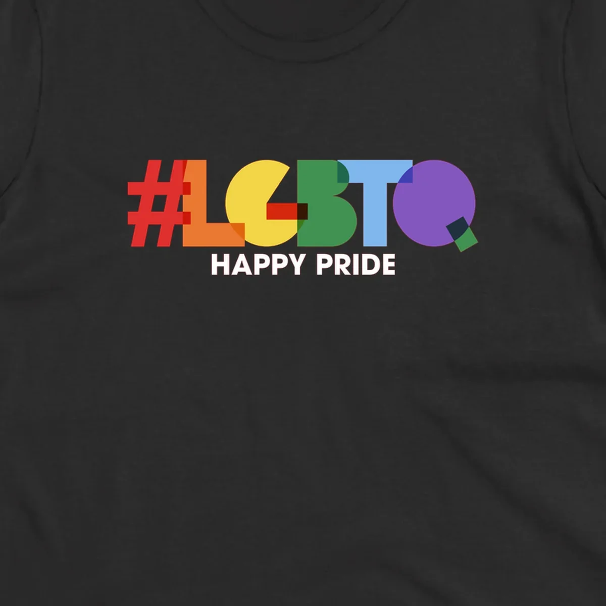 Colorful geometric letters spelling 'Happy Pride' in rainbow colors including red, orange, yellow, green, blue, and purple on gray background