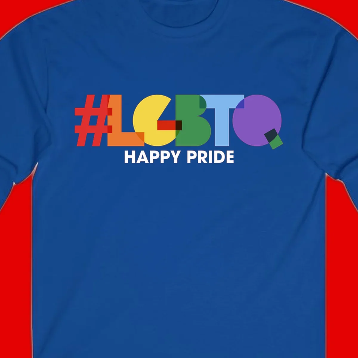 Colorful geometric letters spelling 'Happy Pride' in rainbow colors including red, orange, yellow, green, blue, and purple on gray background