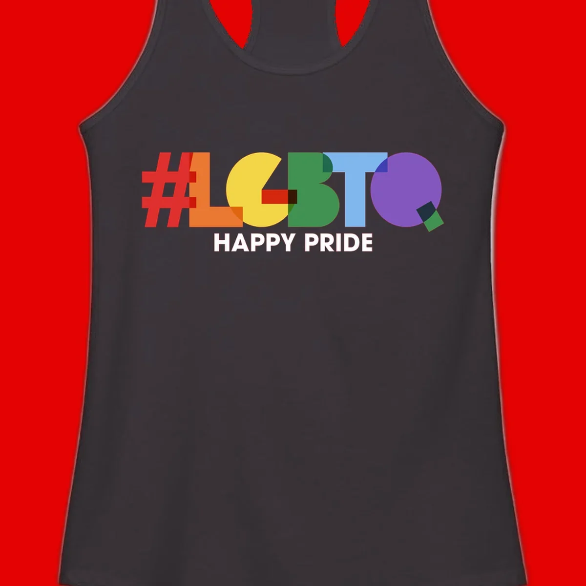 Colorful geometric letters spelling 'Happy Pride' in rainbow colors including red, orange, yellow, green, blue, and purple on gray background