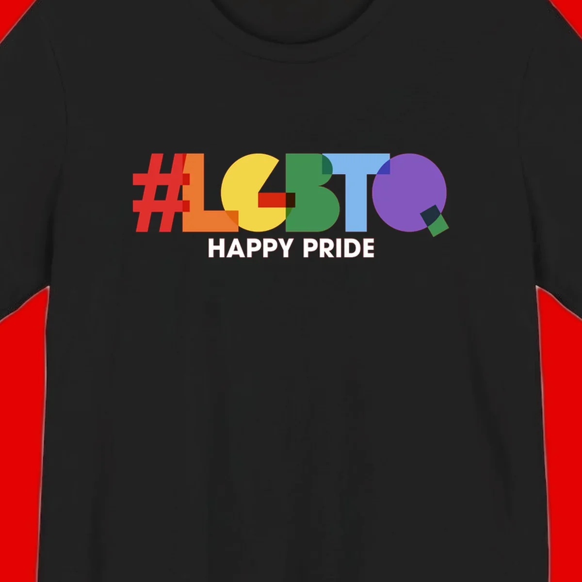 Colorful geometric letters spelling 'Happy Pride' in rainbow colors including red, orange, yellow, green, blue, and purple on gray background