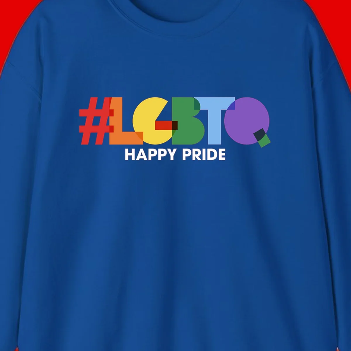 Colorful geometric letters spelling 'Happy Pride' in rainbow colors including red, orange, yellow, green, blue, and purple on gray background