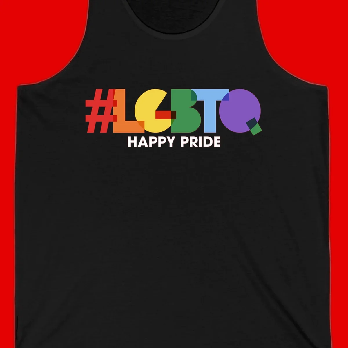 Colorful geometric letters spelling 'Happy Pride' in rainbow colors including red, orange, yellow, green, blue, and purple on gray background