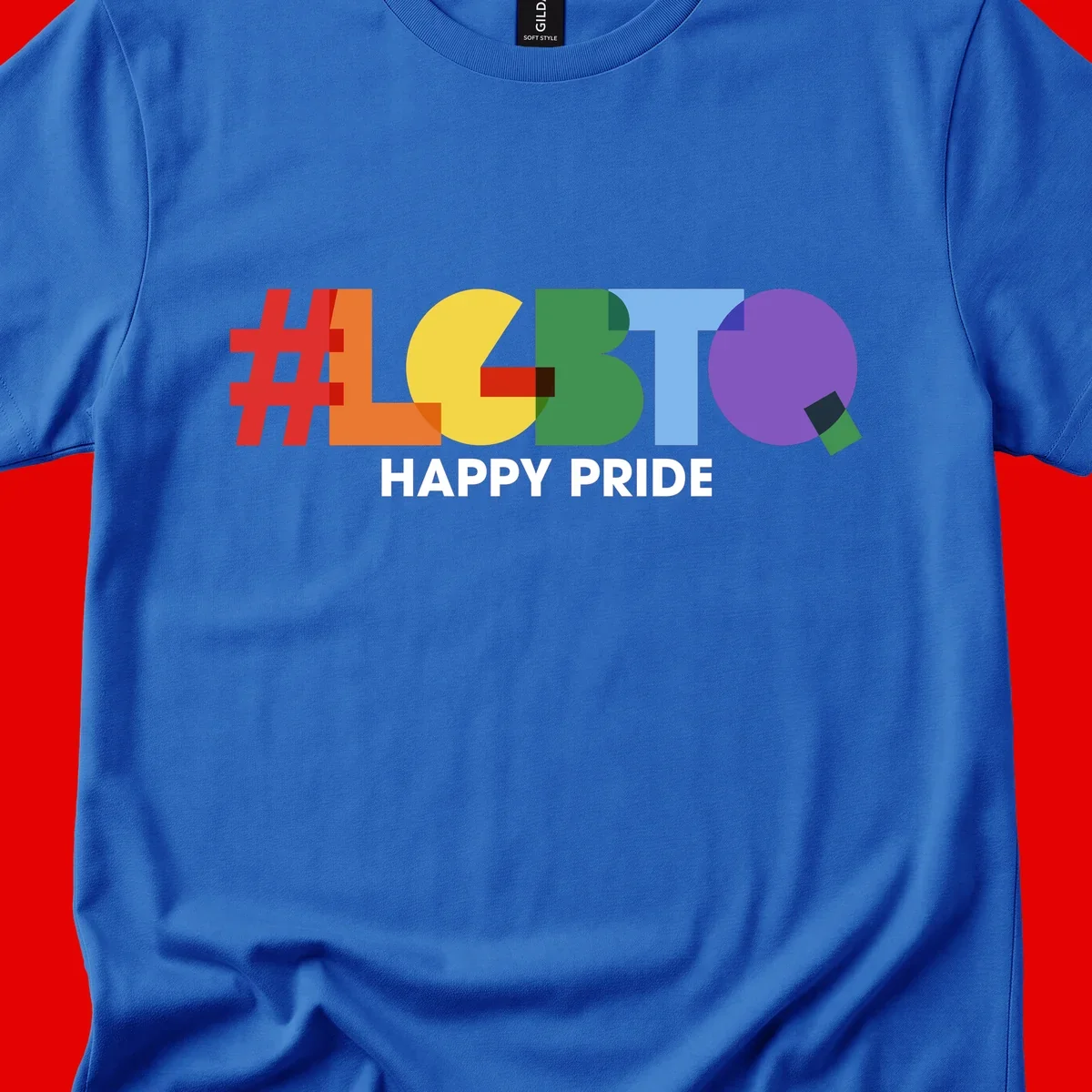 Colorful geometric letters spelling 'Happy Pride' in rainbow colors including red, orange, yellow, green, blue, and purple on gray background