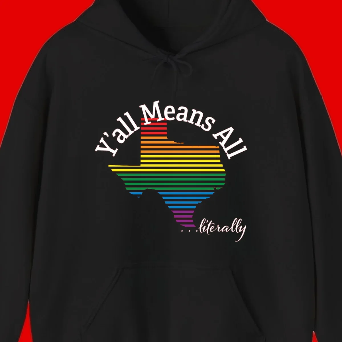 Y'all Means All Pride design featuring a rainbow-colored funnel with horizontal bars narrowing downward, with inclusive messaging in white text.