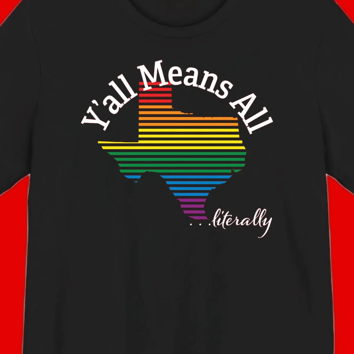 Y'all Means All Pride design featuring a rainbow-colored funnel with horizontal bars narrowing downward, with inclusive messaging in white text.