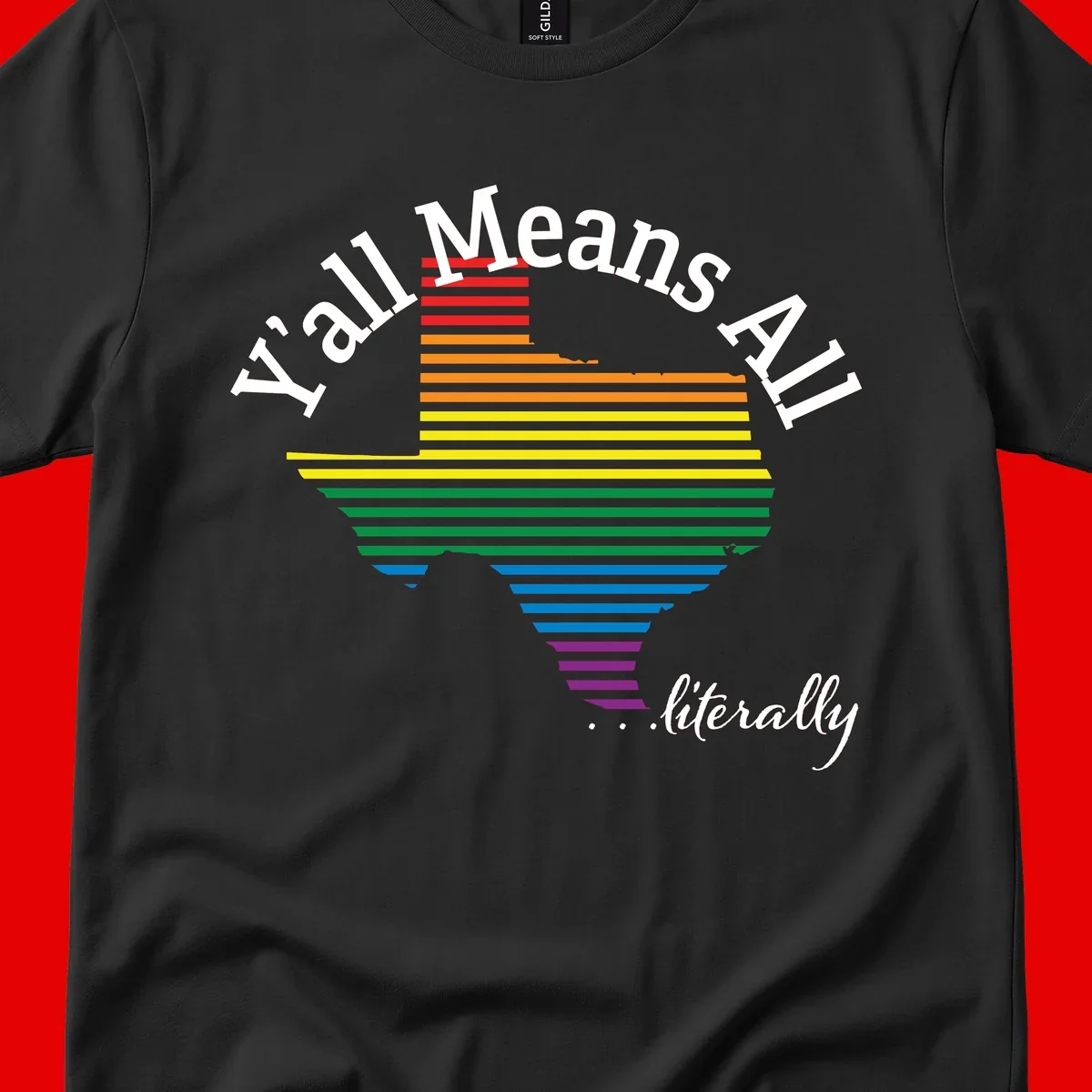 Y'all Means All Pride design featuring a rainbow-colored funnel with horizontal bars narrowing downward, with inclusive messaging in white text.
