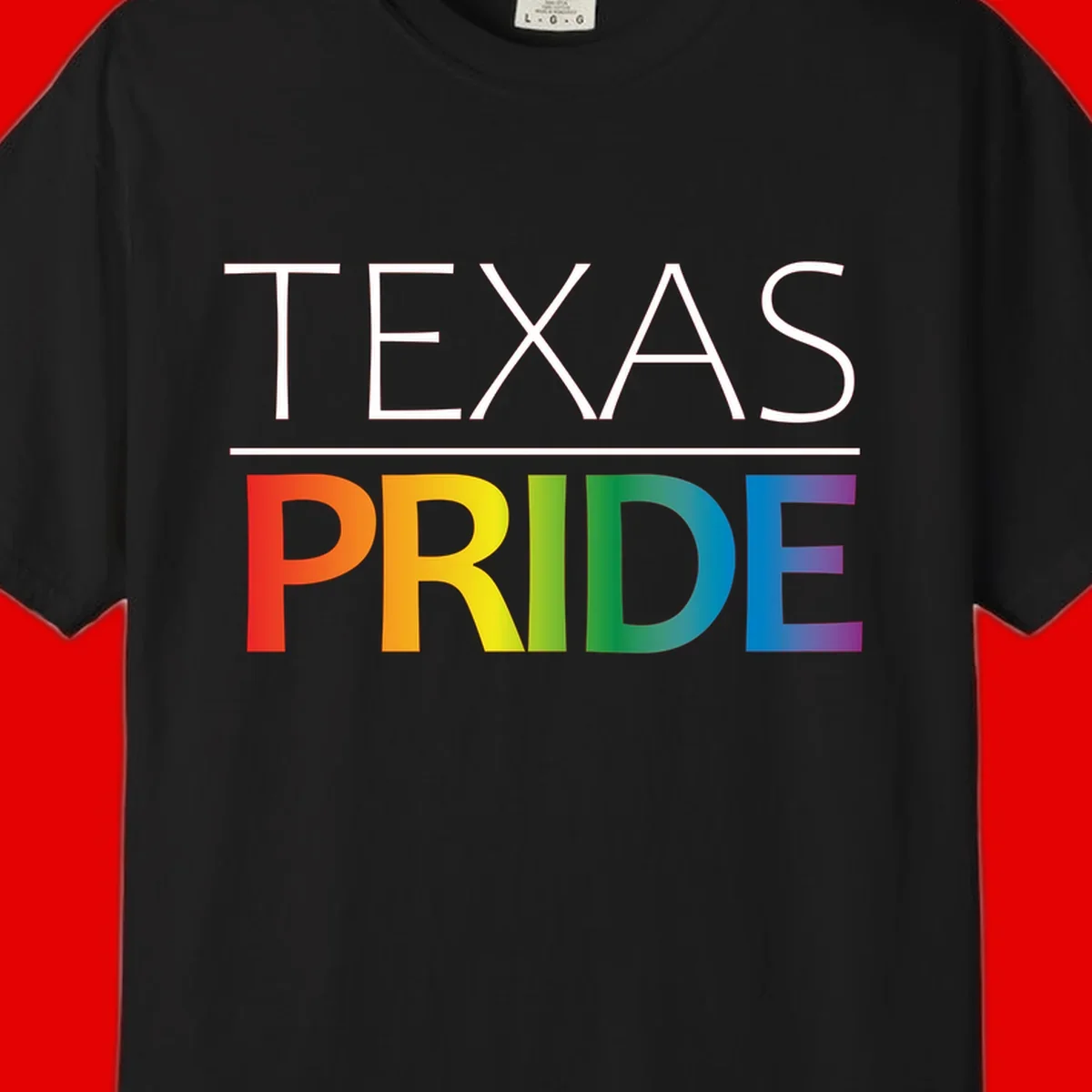Texas Pride design with rainbow gradient letters spelling TEXAS and PRIDE in bold typography