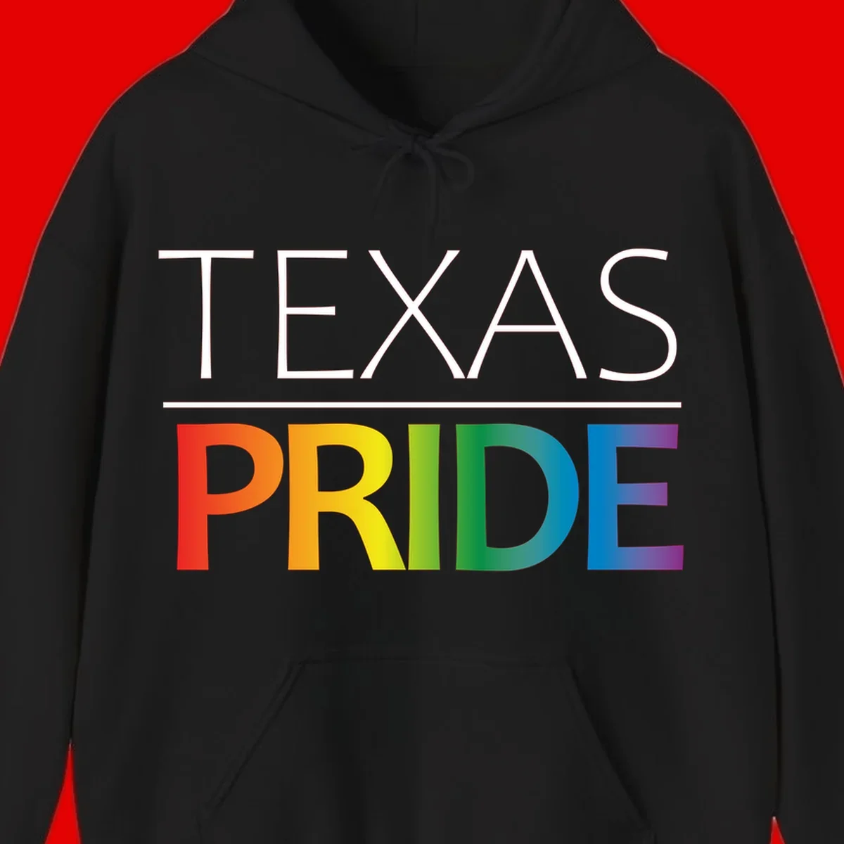 Texas Pride design with rainbow gradient letters spelling TEXAS and PRIDE in bold typography