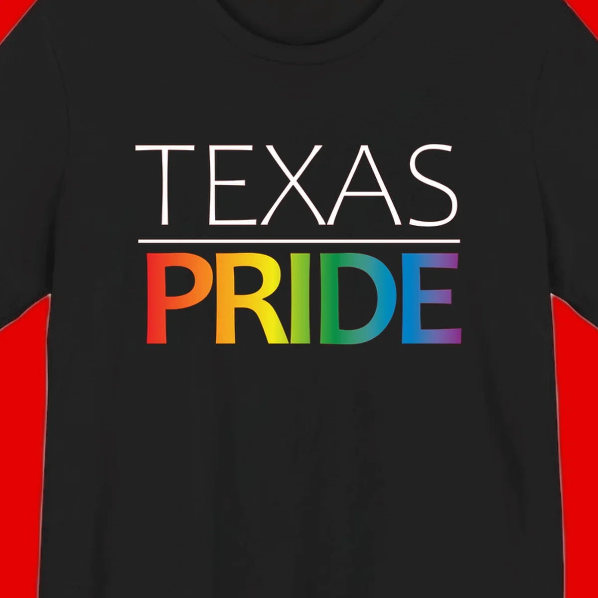 Texas Pride design with rainbow gradient letters spelling TEXAS and PRIDE in bold typography