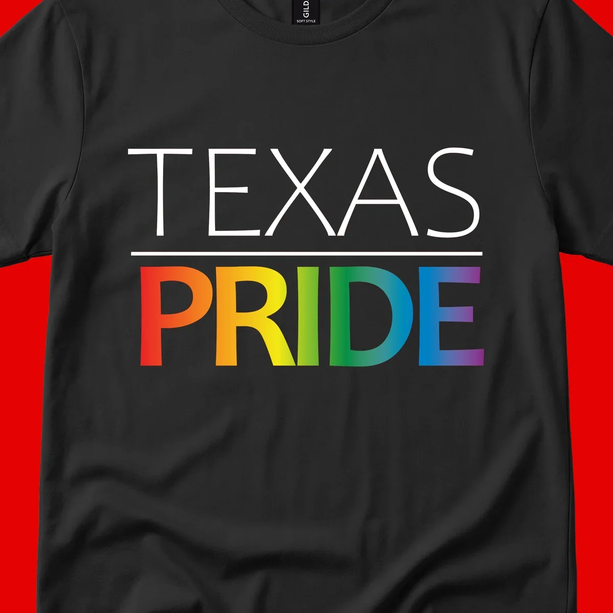 Texas Pride design with rainbow gradient letters spelling TEXAS and PRIDE in bold typography