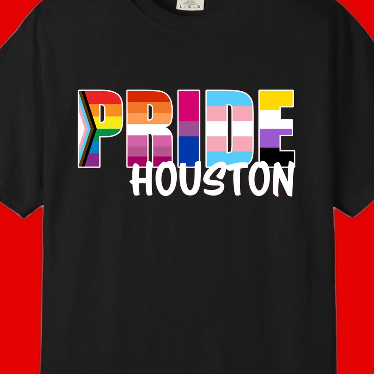 Pride Houston design with bold rainbow-filled letters and progress pride chevron stripes