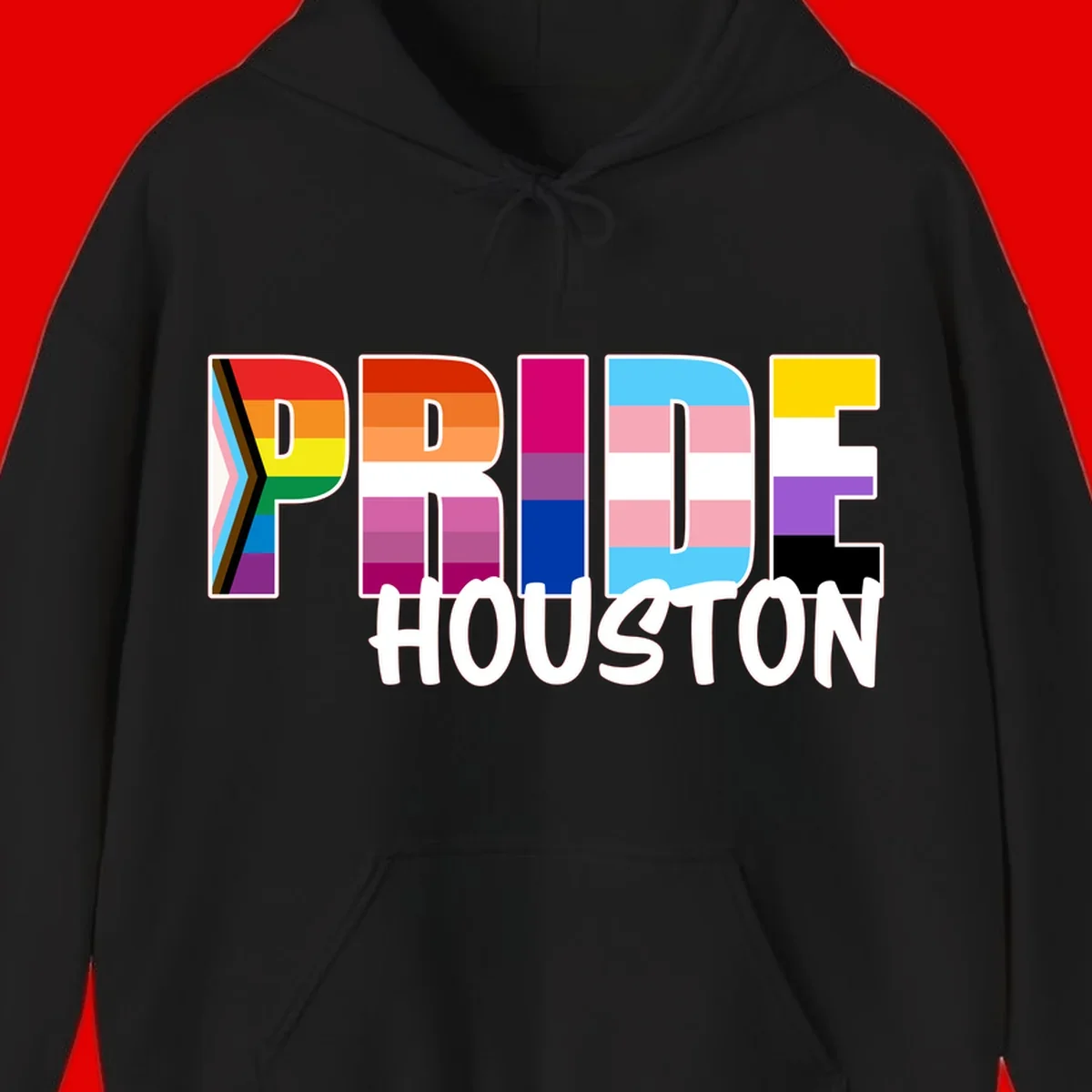 Pride Houston design with bold rainbow-filled letters and progress pride chevron stripes