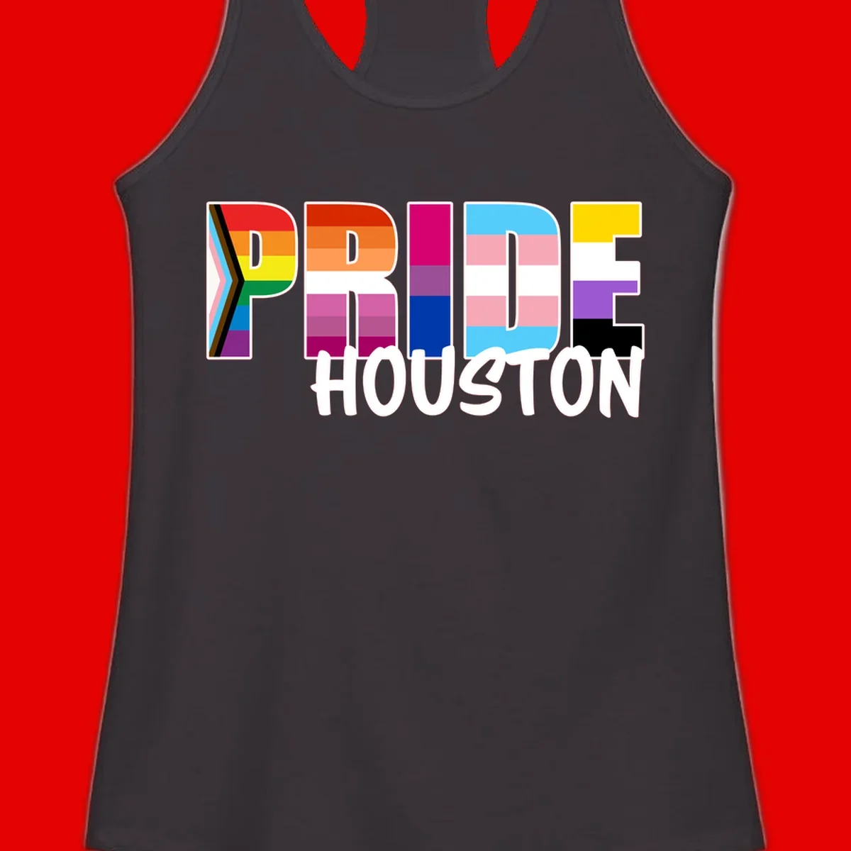 Pride Houston design with bold rainbow-filled letters and progress pride chevron stripes