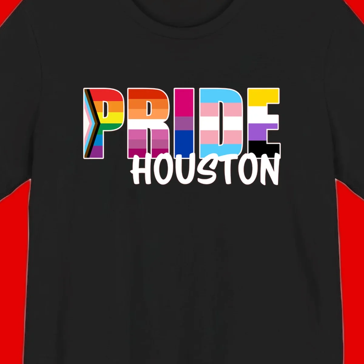 Pride Houston design with bold rainbow-filled letters and progress pride chevron stripes