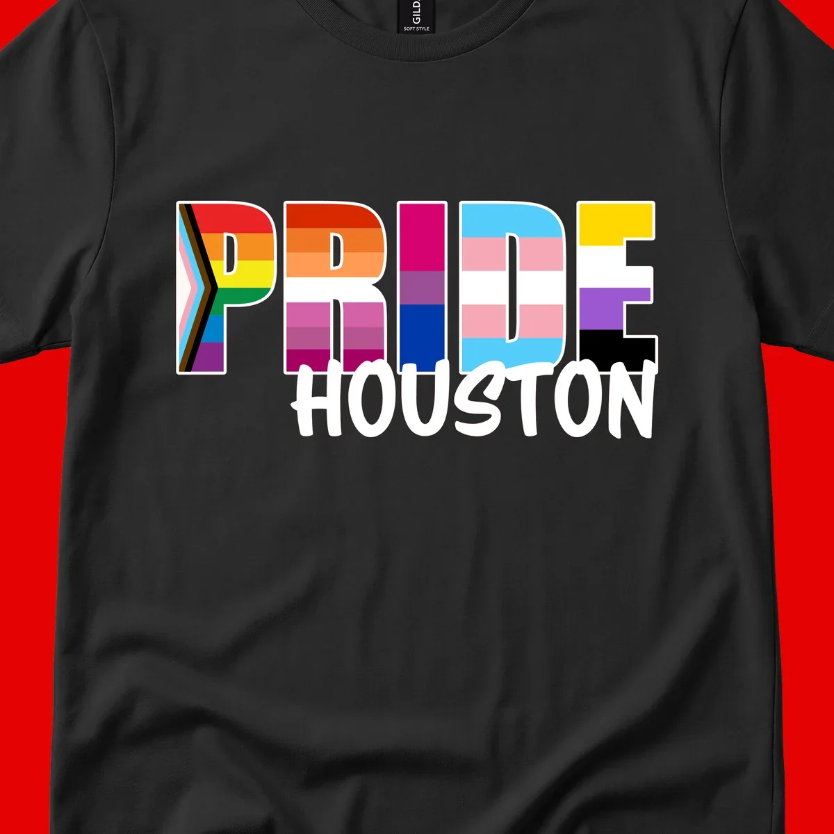 Pride Houston design with bold rainbow-filled letters and progress pride chevron stripes