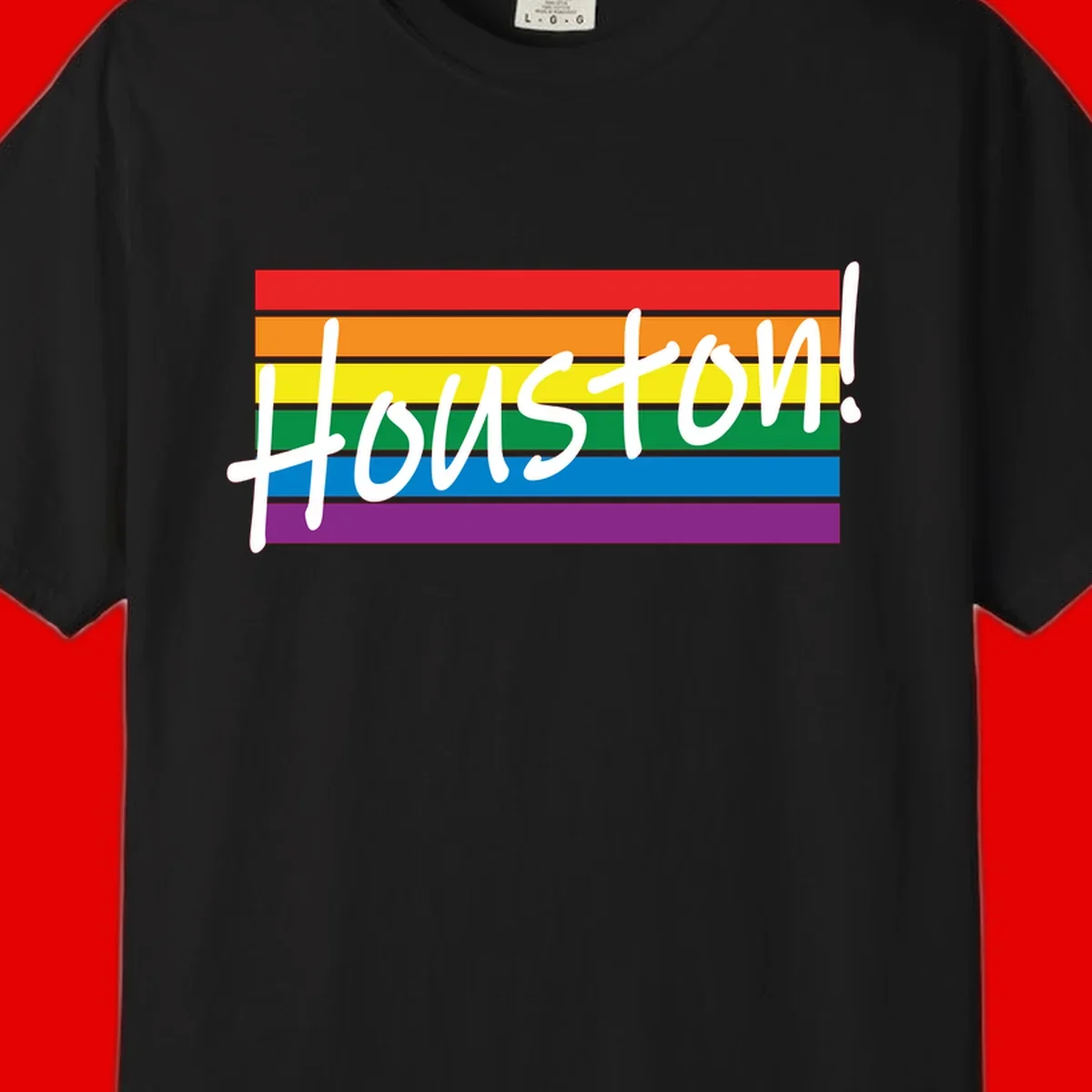 Houston pride celebration design with white handwritten text on rainbow flag stripes in red, orange, yellow, green, blue, and purple