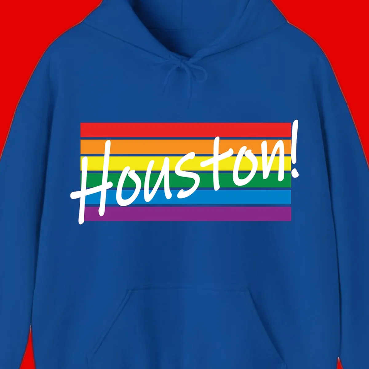 Houston pride celebration design with white handwritten text on rainbow flag stripes in red, orange, yellow, green, blue, and purple
