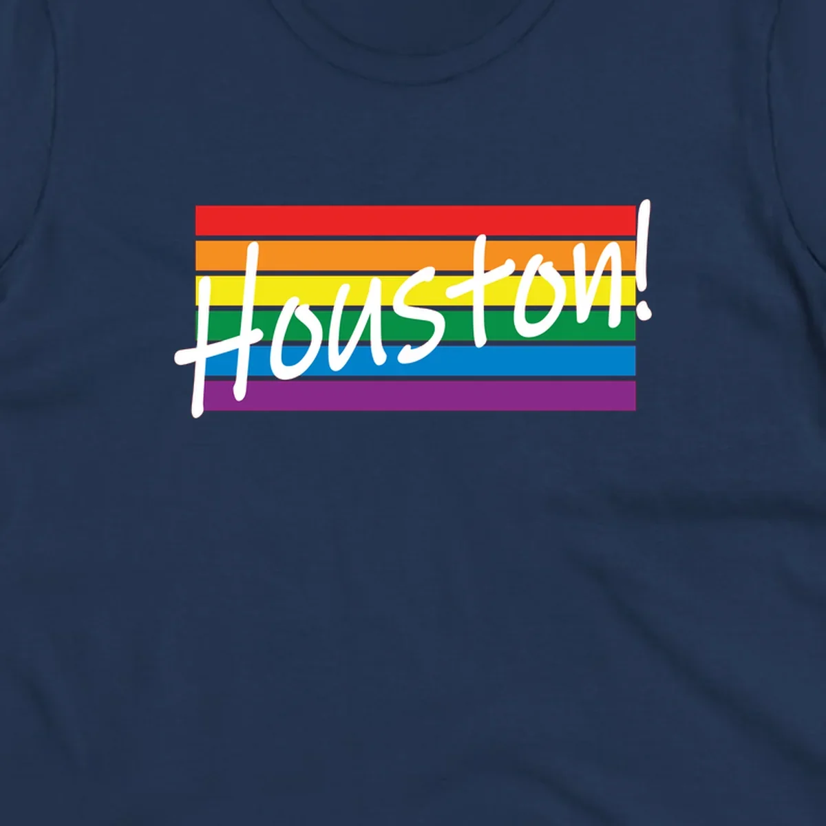 Houston pride celebration design with white handwritten text on rainbow flag stripes in red, orange, yellow, green, blue, and purple