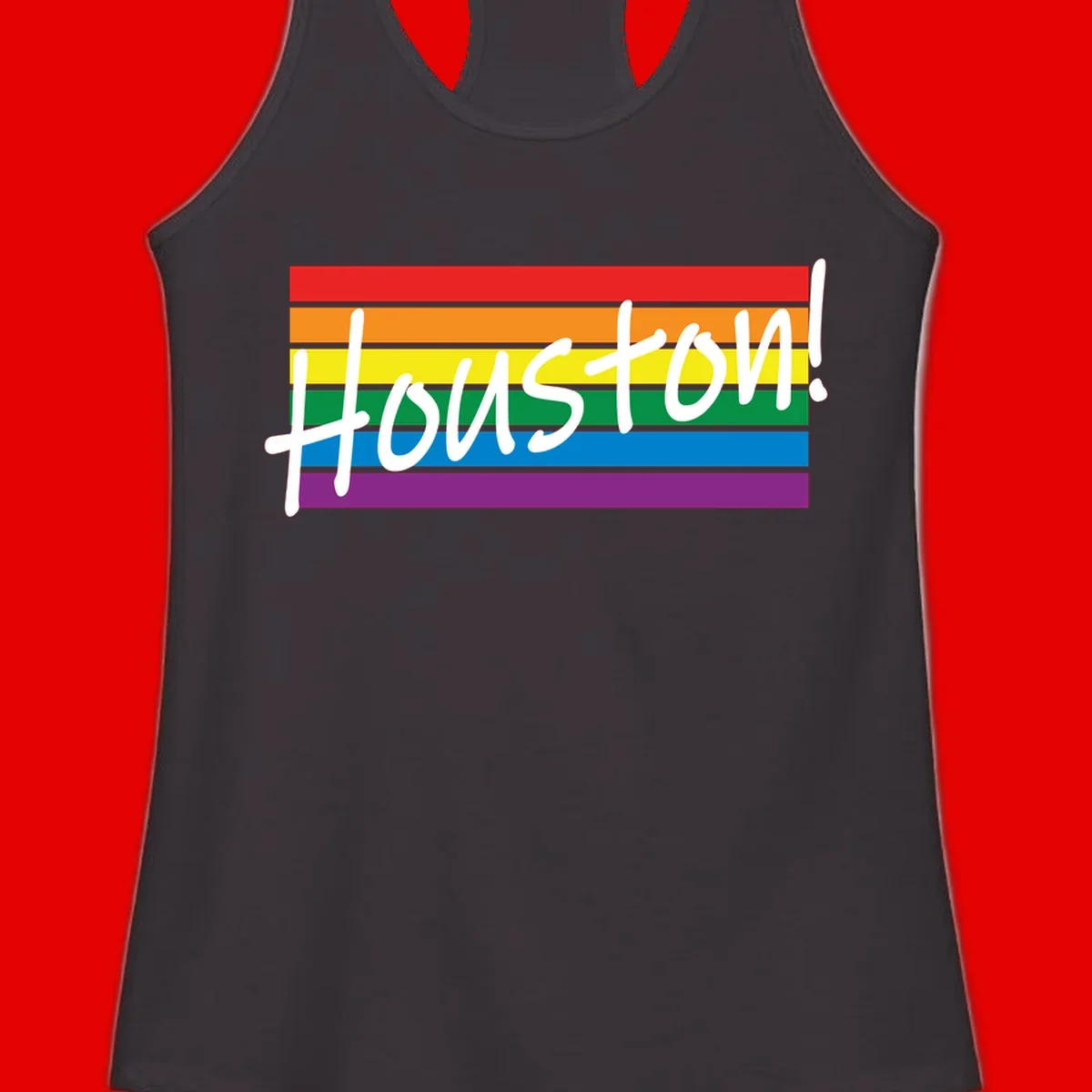 Houston pride celebration design with white handwritten text on rainbow flag stripes in red, orange, yellow, green, blue, and purple