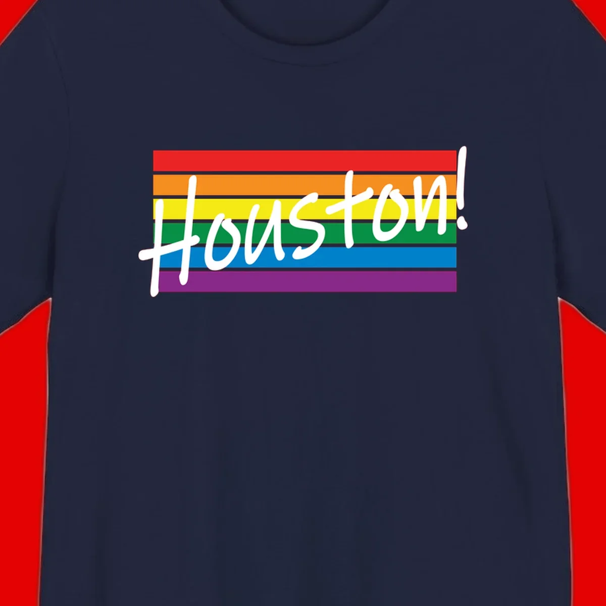 Houston pride celebration design with white handwritten text on rainbow flag stripes in red, orange, yellow, green, blue, and purple