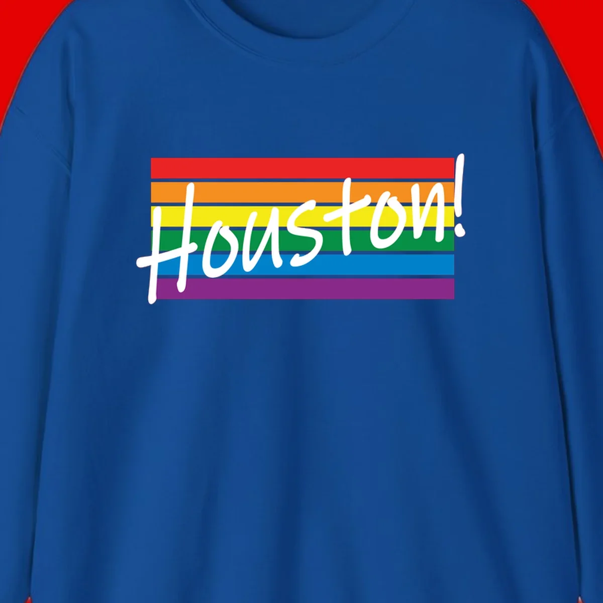 Houston pride celebration design with white handwritten text on rainbow flag stripes in red, orange, yellow, green, blue, and purple